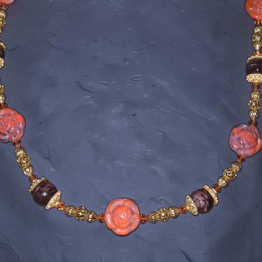 Vintage Art Glass Molded Rose Bead Necklace Coral Purple Gold Tone 25"
